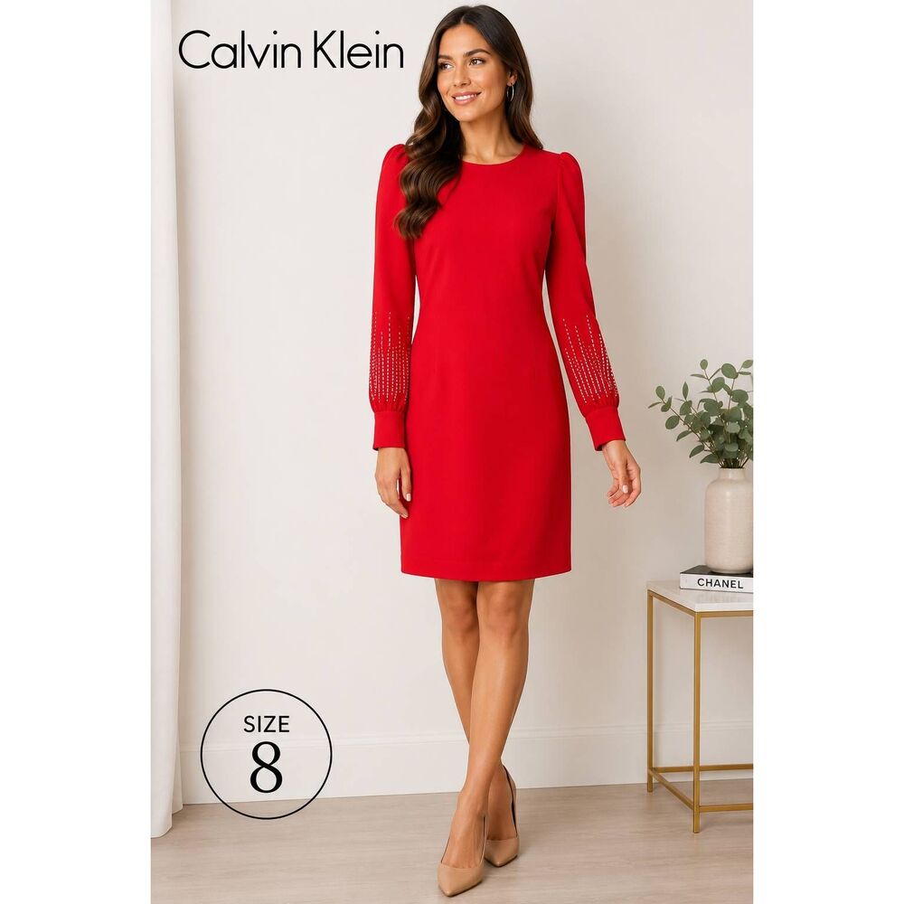 Calvin Klein Red Sheath Dress Size 8 Embellished Long Sleeve Cocktail Party